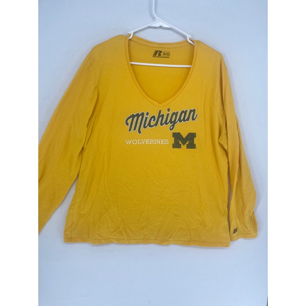 Russell Michigan Wolverines Long Sleeve T-Shirt V-Neck Yellow Cotton Womens 2XL